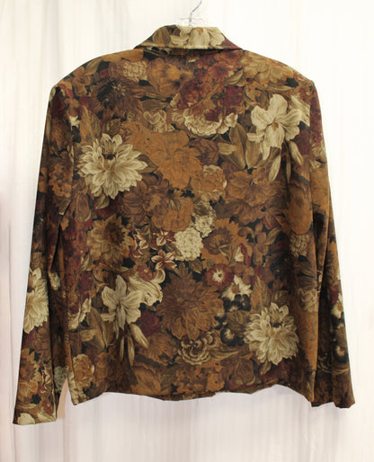 Briggs New York - Brown Antique Tapestry Floral Print, Velvet Button Front Shirt - Size M PETITE