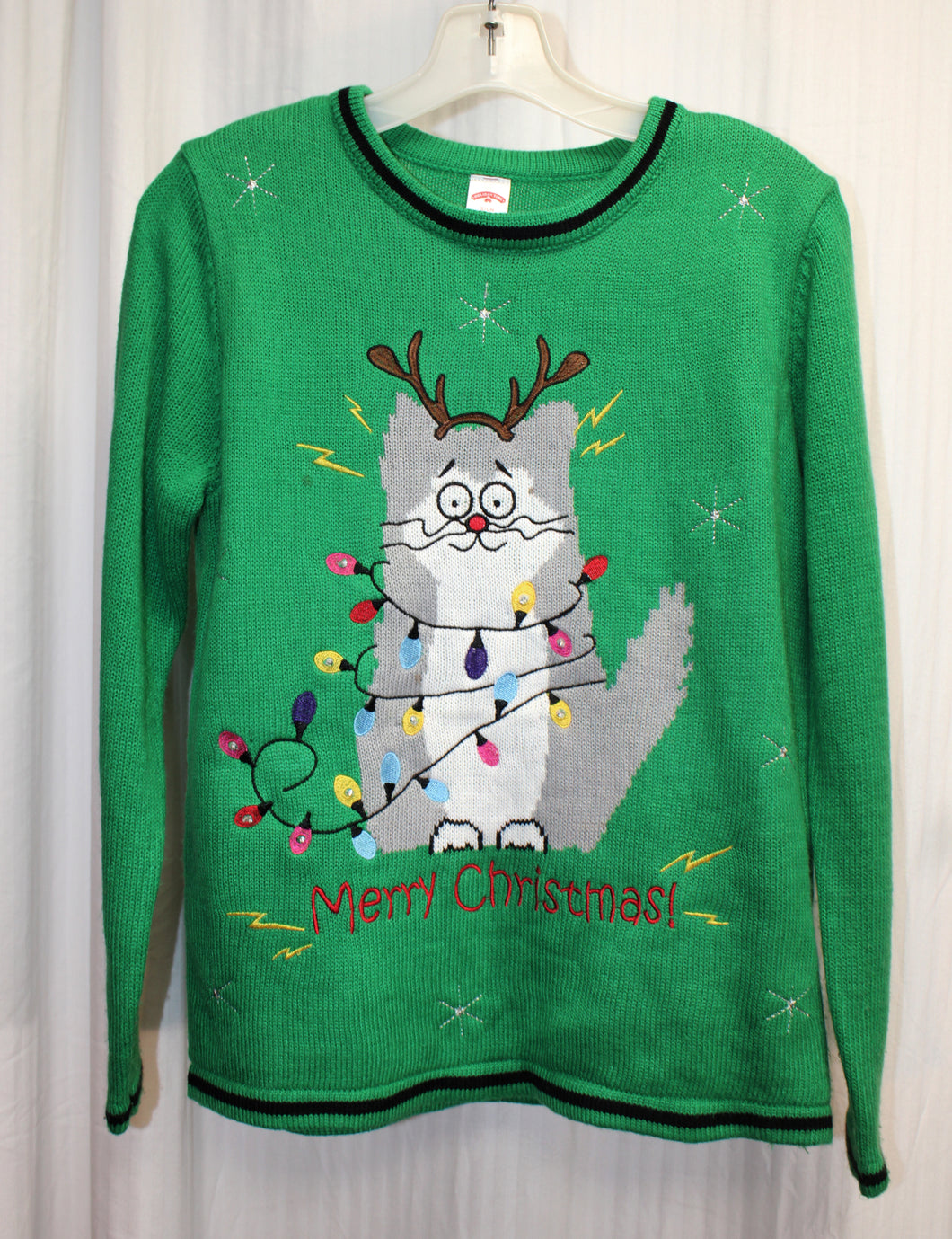 Holiday Time - Holiday/Ugly Christmas, Merry Christmas Cat & Holiday Lights, Green Pullover Christmas Sweater - Size S
