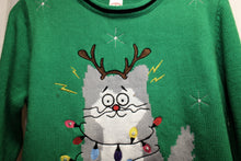 Load image into Gallery viewer, Holiday Time - Holiday/Ugly Christmas, Merry Christmas Cat &amp; Holiday Lights, Green Pullover Christmas Sweater - Size S