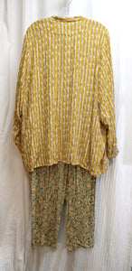 Vintage - Carole Little- 3PC Mustard & Taupe Abstract Stripe w/ Red and Green Floral - Boho Flowy Pants, Top & Long Sleeve Shirt Jacket - Size 16 (See Measurements)