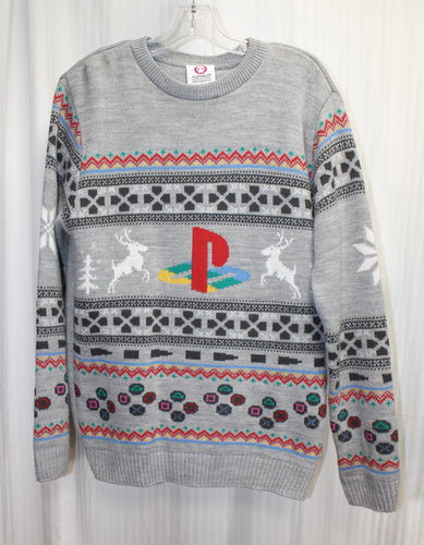Numbskull - Holiday / Ugly Christmas -  Sony Playstation, Heathered Gray, Holiday Pullover Sweater - Size S