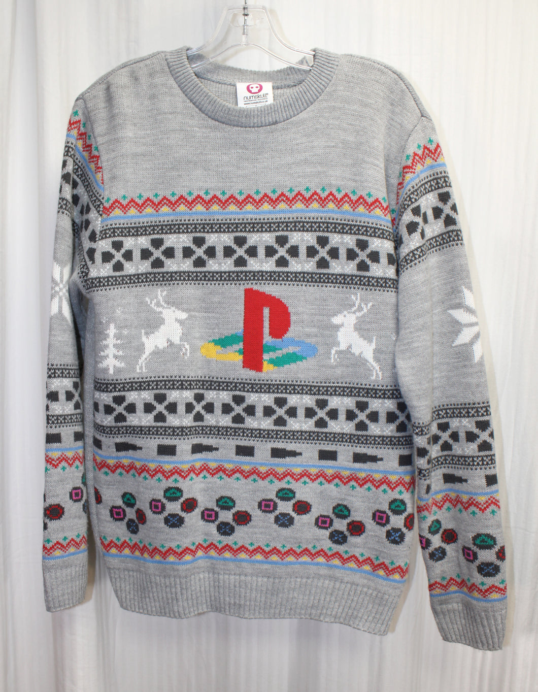 Numbskull - Holiday / Ugly Christmas -  Sony Playstation, Heathered Gray, Holiday Pullover Sweater - Size S