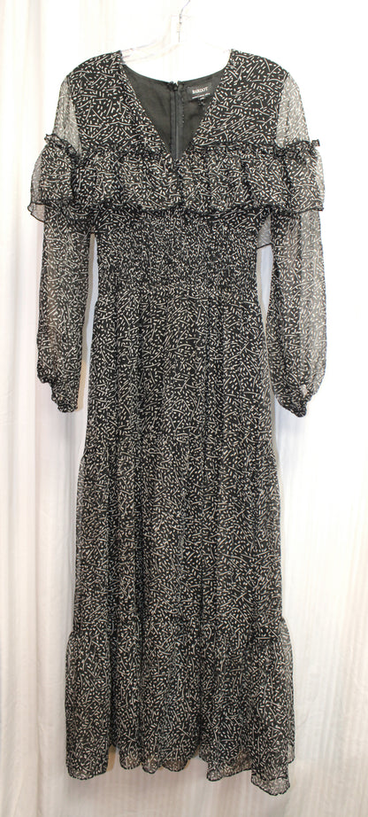 Bardot - Black & White Abstract Print, V-Neck Romantic Long Sleeve Flowy Tiered Dress w/ Ruffle Detail - Size XS