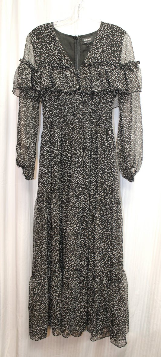Bardot - Black & White Abstract Print, V-Neck Romantic Long Sleeve Flowy Tiered Dress w/ Ruffle Detail - Size XS