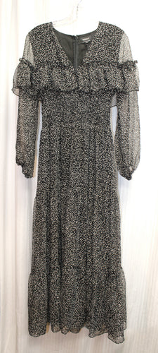 Bardot - Black & White Abstract Print, V-Neck Romantic Long Sleeve Flowy Tiered Dress w/ Ruffle Detail - Size XS