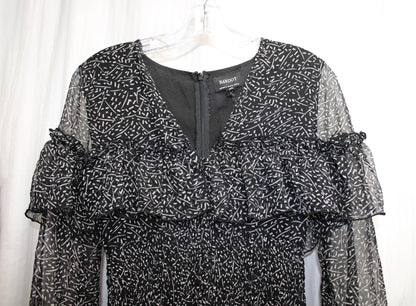 Bardot - Black & White Abstract Print, V-Neck Romantic Long Sleeve Flowy Tiered Dress w/ Ruffle Detail - Size XS