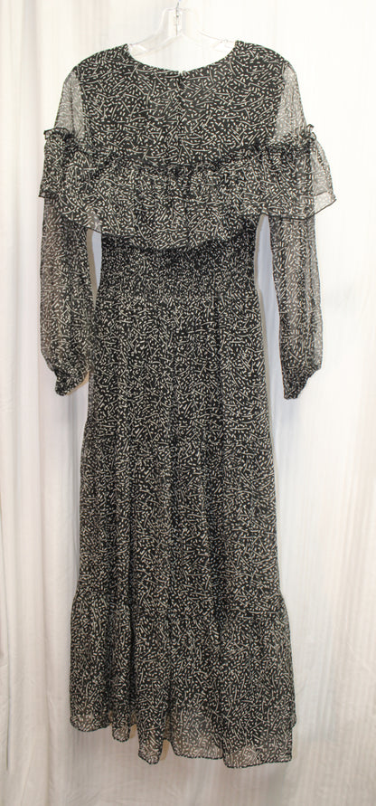 Bardot - Black & White Abstract Print, V-Neck Romantic Long Sleeve Flowy Tiered Dress w/ Ruffle Detail - Size XS