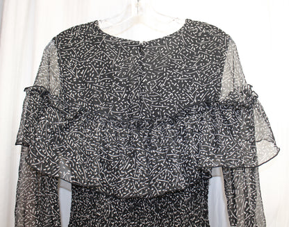 Bardot - Black & White Abstract Print, V-Neck Romantic Long Sleeve Flowy Tiered Dress w/ Ruffle Detail - Size XS