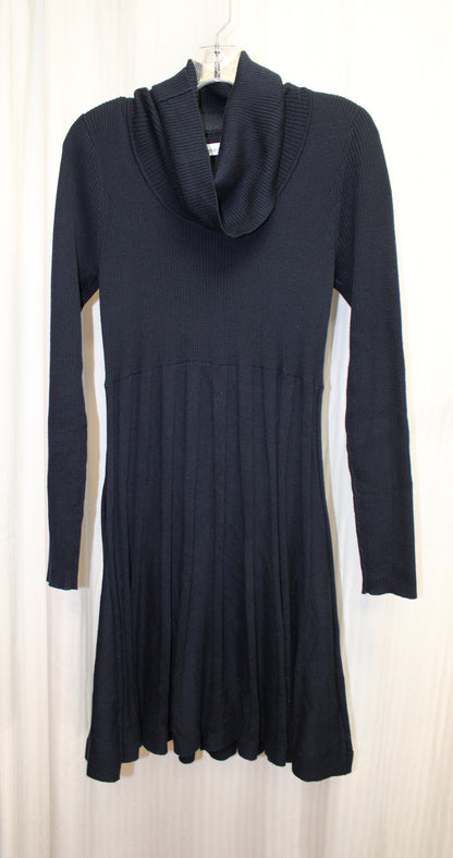 Calvin Klein - Navy, Long Sleeve Cowl Neck, Ribbed Stretch Knit Fit & Flare Sweater Dress - Size M