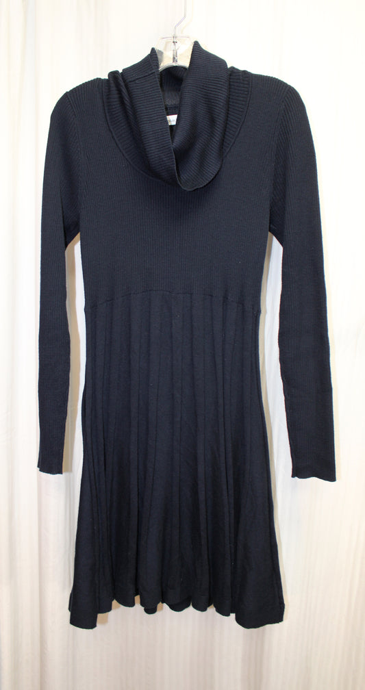 Calvin Klein - Navy, Long Sleeve Cowl Neck, Ribbed Stretch Knit Fit & Flare Sweater Dress - Size M