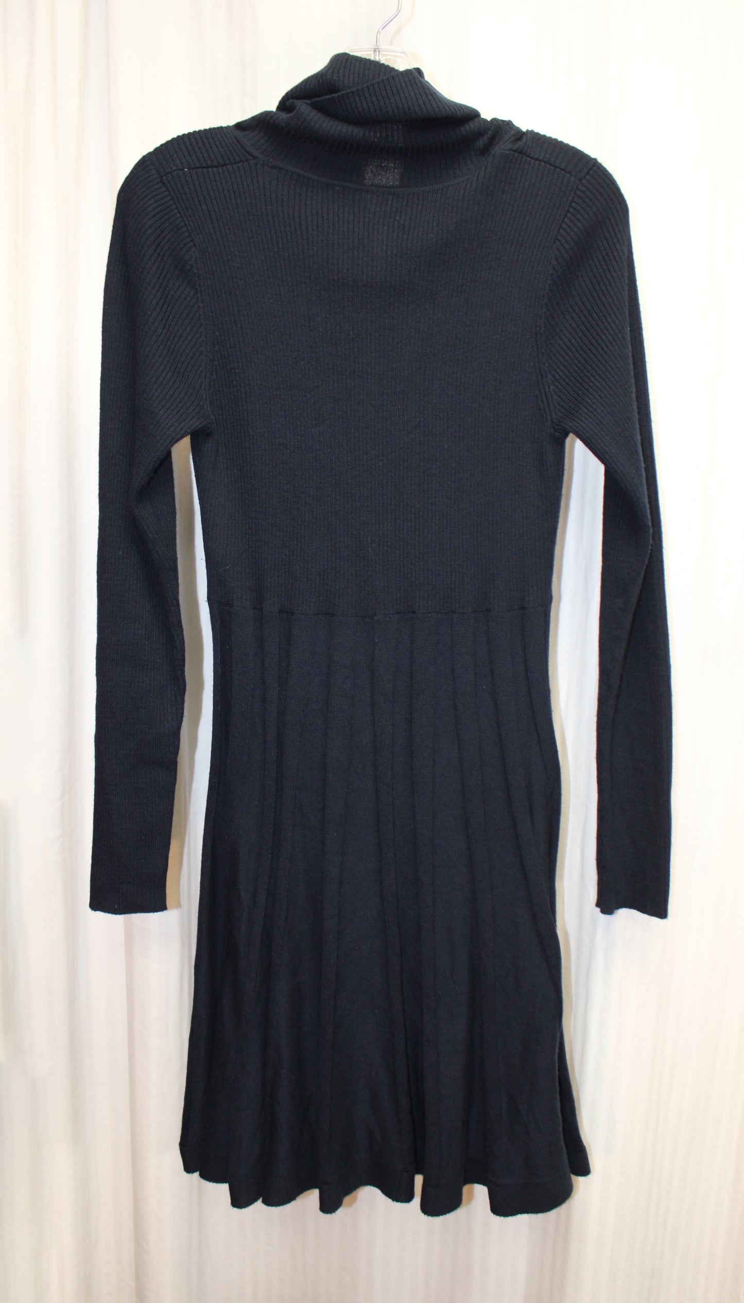 Calvin Klein - Navy, Long Sleeve Cowl Neck, Ribbed Stretch Knit Fit & Flare Sweater Dress - Size M
