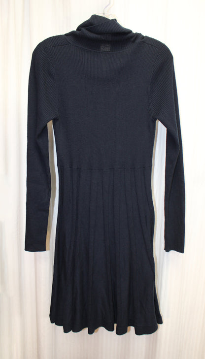 Calvin Klein - Navy, Long Sleeve Cowl Neck, Ribbed Stretch Knit Fit & Flare Sweater Dress - Size M