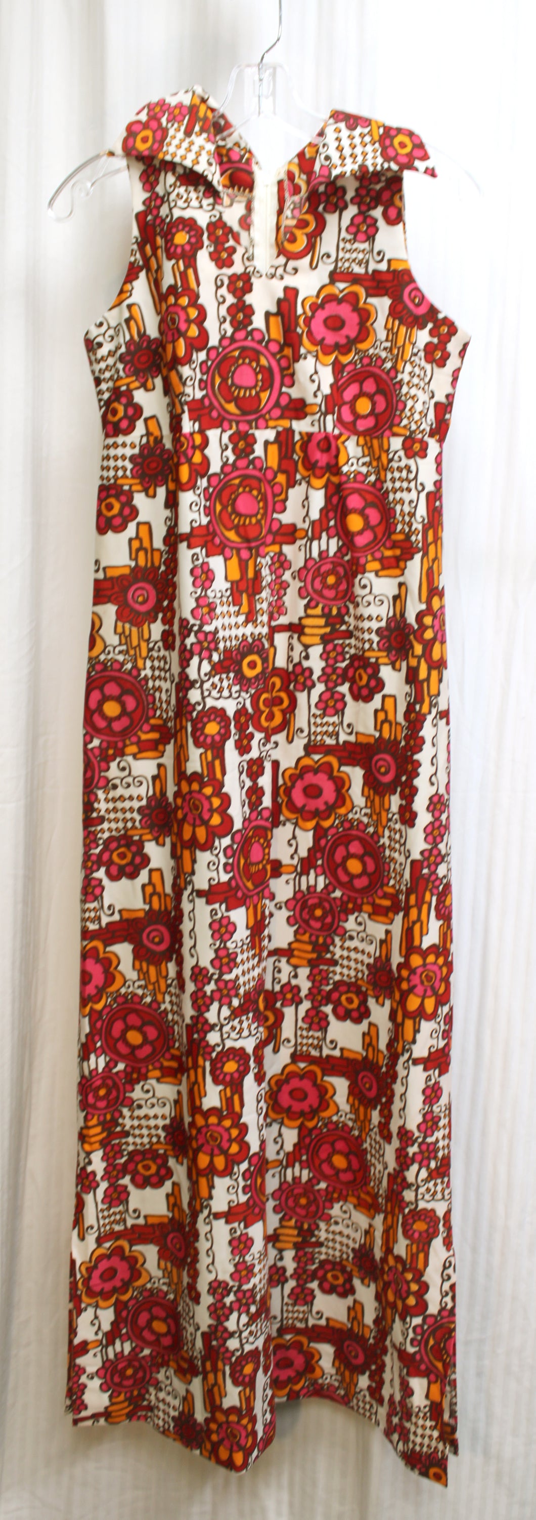 Vintage 60's/70's - Handmade Collared & Sleeveless Orange, Pink & Brown Print Empire Waist Maxi Dress - See Measurements 29