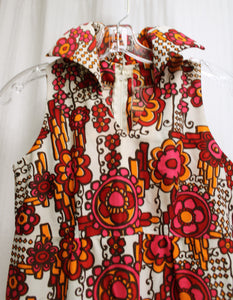 Vintage 60's/70's - Handmade Collared & Sleeveless Orange, Pink & Brown Print Empire Waist Maxi Dress - See Measurements 29" Empire Waist