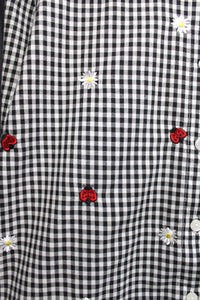 Vintage - Teddi - Black & White Check w/ Ladybug & Daisy Embroidery Button Up Shirt- Size L