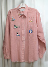 Load image into Gallery viewer, Men&#39;s Vintage - Los Olas - Red &amp; White Nautical Stripe w/ Light House Embroidery Patches Button Up Shirt - Size XL