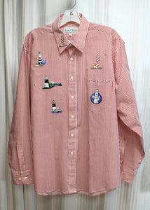 Men's Vintage - Los Olas - Red & White Nautical Stripe w/ Light House Embroidery Patches Button Up Shirt - Size XL