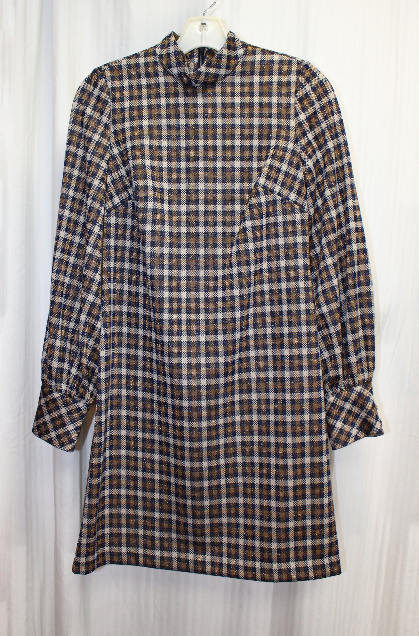 Calvin Klein - Beige, Navy & Gold w/ Metallic Fleck Plaid, Mock Neck Dress - Size 2