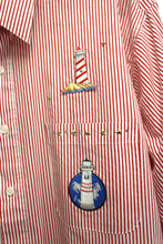 Load image into Gallery viewer, Men&#39;s Vintage - Los Olas - Red &amp; White Nautical Stripe w/ Light House Embroidery Patches Button Up Shirt - Size XL