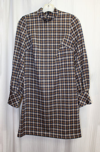 Calvin Klein - Beige, Navy & Gold w/ Metallic Fleck Plaid, Mock Neck Dress - Size 2