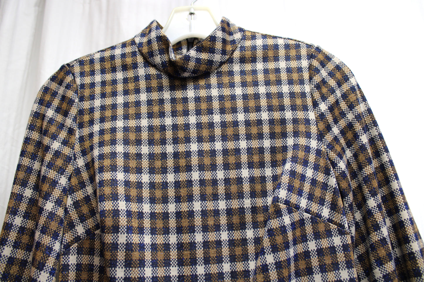 Calvin Klein - Beige, Navy & Gold w/ Metallic Fleck Plaid, Mock Neck Dress - Size 2