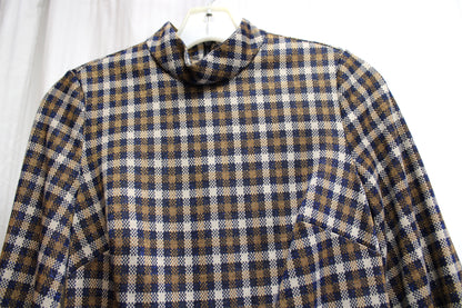 Calvin Klein - Beige, Navy & Gold w/ Metallic Fleck Plaid, Mock Neck Dress - Size 2