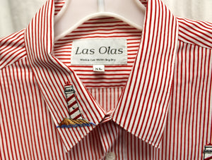 Men's Vintage - Los Olas - Red & White Nautical Stripe w/ Light House Embroidery Patches Button Up Shirt - Size XL