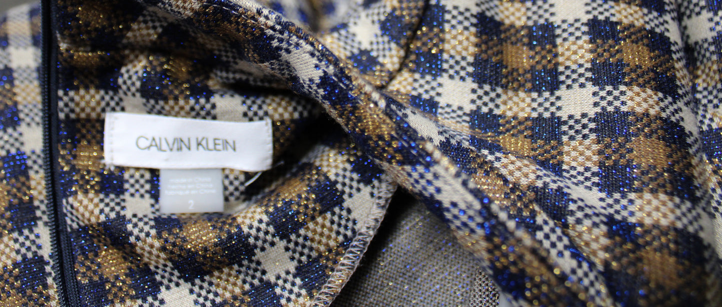 Calvin Klein - Beige, Navy & Gold w/ Metallic Fleck Plaid, Mock Neck Dress - Size 2