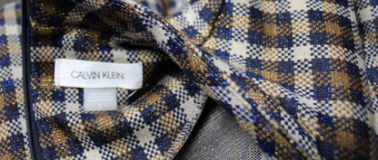 Calvin Klein - Beige, Navy & Gold w/ Metallic Fleck Plaid, Mock Neck Dress - Size 2