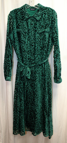 Tommy Hilfiger - Green Burnout Velvet, Button Front Fit & Flare Shirt Dress w/ Tie Belt - Size 8