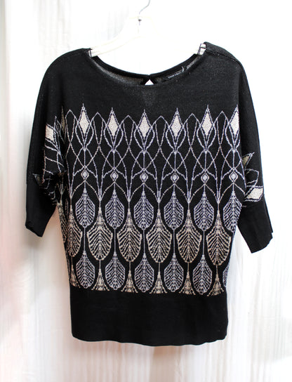 White House, Black Market - Gorgeous Black, Silver & Gold Metallic Design 3/4th Sleeve Sweater Top - Size S