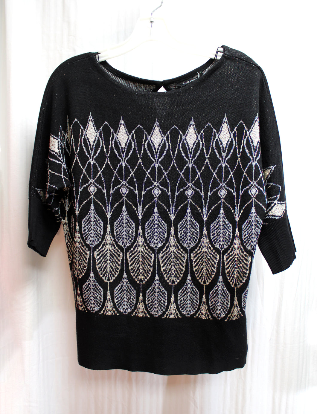 White House, Black Market - Black, Silver & Gold Metallic Design 3/4th Sleeve Sweater Top - Size S
