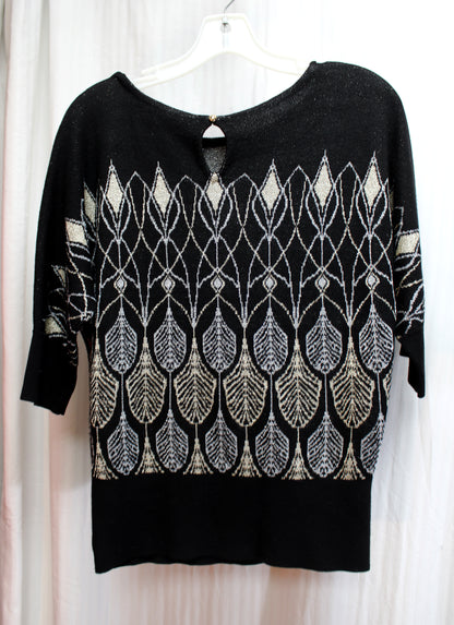 White House, Black Market - Gorgeous Black, Silver & Gold Metallic Design 3/4th Sleeve Sweater Top - Size S
