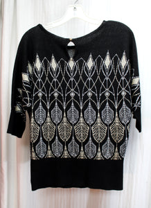 White House, Black Market - Black, Silver & Gold Metallic Design 3/4th Sleeve Sweater Top - Size S