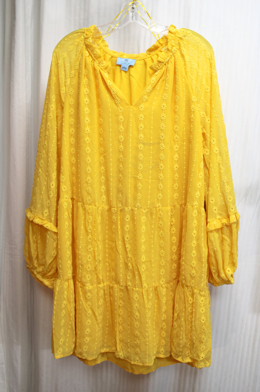 Cece - "Golden Hour" Yellow, Long Balloon Sleeve, Floral Eyelet, Baby Doll Dress - Size L (w/ Tag)