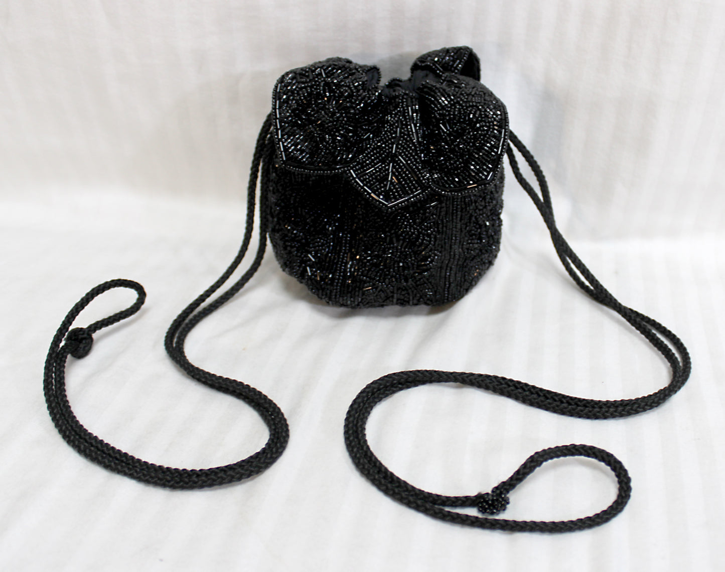 Vintage, Black Beaded Petal Drawstring Pouch Bag