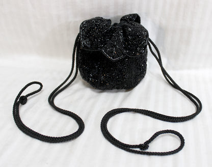 Vintage, Black Beaded Petal Drawstring Pouch Bag
