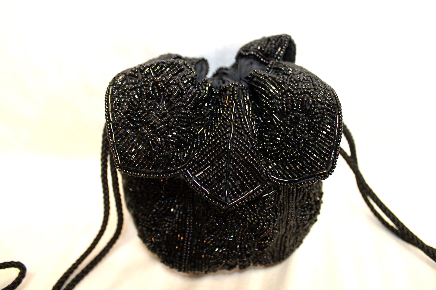 Vintage, Black Beaded Petal Drawstring Pouch Bag