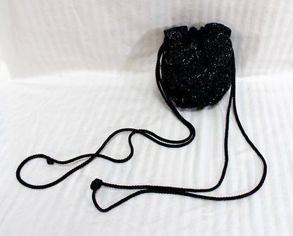 Vintage, Black Beaded Petal Drawstring Pouch Bag