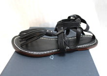 Load image into Gallery viewer, Bernardo - &quot;Mosie&quot; Black Leather Flat Thong Ankle Wrap Tie Sandals w/ Tassel Size 6M (in Box)