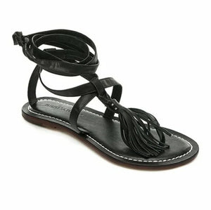 Bernardo - "Mosie" Black Leather Flat Thong Ankle Wrap Tie Sandals w/ Tassel Size 6M (in Box)