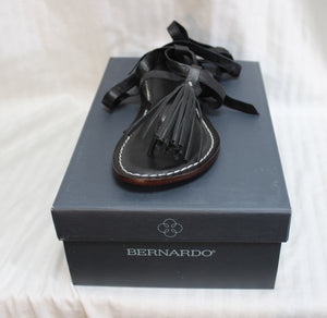 Bernardo - "Mosie" Black Leather Flat Thong Ankle Wrap Tie Sandals w/ Tassel Size 6M (in Box)