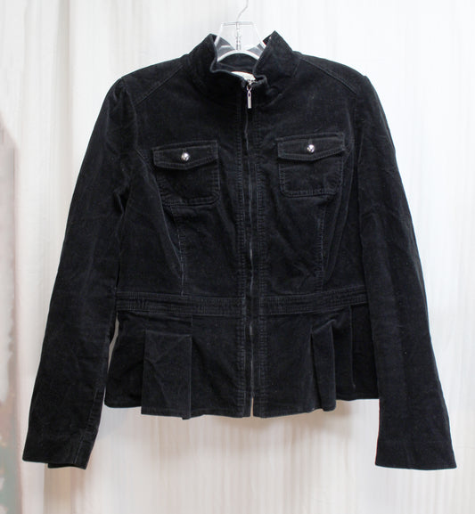 White House Black Market - Black Corduroy Military Inspired Peplum Zip Front Jacket - Size 10