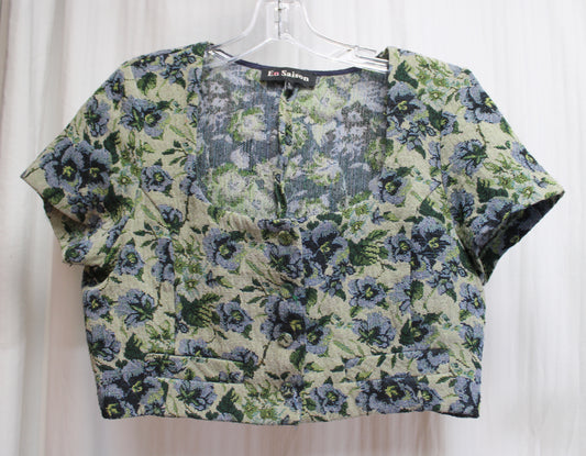 En Saison - Green & Blue Floral Cropped, Button Front Tapestry Top - Size L