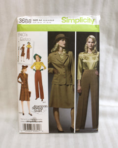 Simplicity Sewing Pattern 3688- 1940's Retro American Sewing Guild - Misses' Women's Blouse, Skirt, Pants and Line Jacket Size AA (10-18)