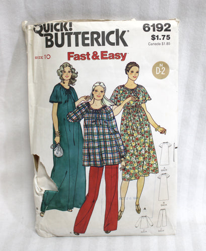 Vintage Quick Butterick - Fast & Easy 6192, Misses Maternity Dress, Top & Pants - Size 10