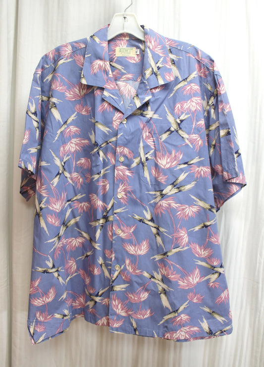 Vintage Men's - Newt at the Royal - Blue & Purple Floral & Bamboo Print Hawaiian Shirt - Size XL