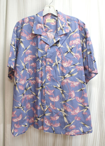 Vintage Men's - Newt at the Royal - Blue & Purple Floral & Bamboo Print Hawaiian Shirt - Size XL