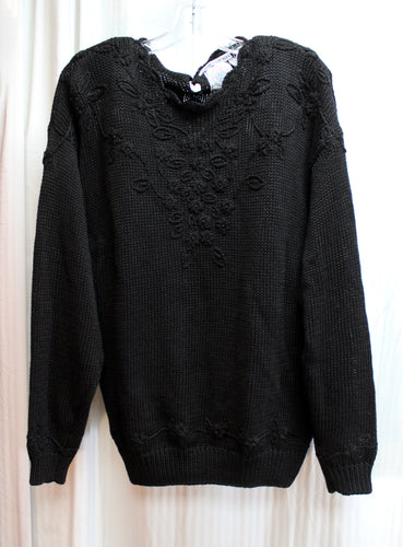 Vintage - Cape Isle Knitters - Hand Embroidered Black On Black Floral Oversized Sweater - Size L