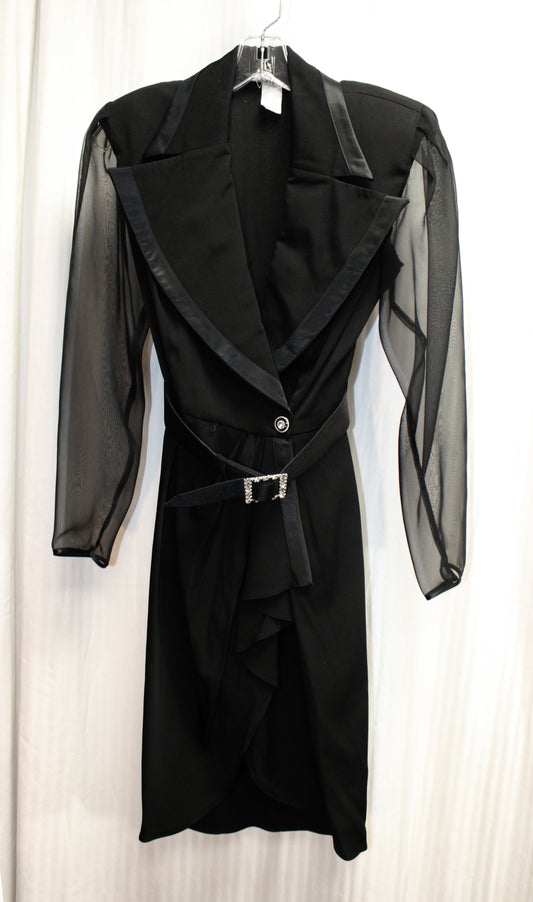 Vintage 80's/90's - BB Collection (Barbara Barbara) - Black Long sheer sleeves w/ Satin Lapel Trim, Cascading Front Skirt Dress w/ Rhinestone Belt - Size 4 (See Measurements)